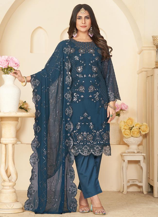 Faux Georgette Navy Blue Traditional Wear Embroidery Work Straight Suit